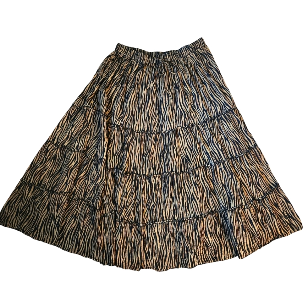 Vintage Tiered crinkle skirt brown black zebra print elastic waistband wmn’s lg